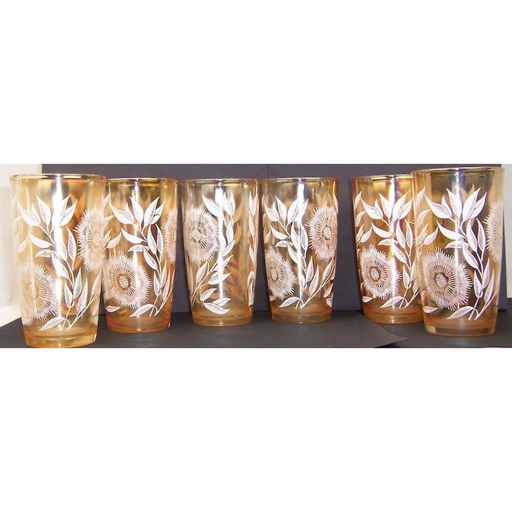 Vintage Jeannette Marigold Carnival Glass Cosmos Pitcher 6 Tumbler Set 1950s - Picture 4 of 15
